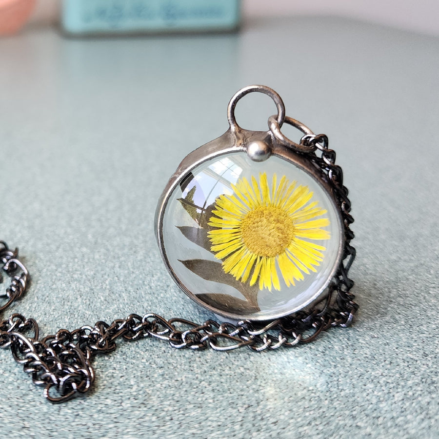 Yellow Aster with Fern Pendant Necklace
