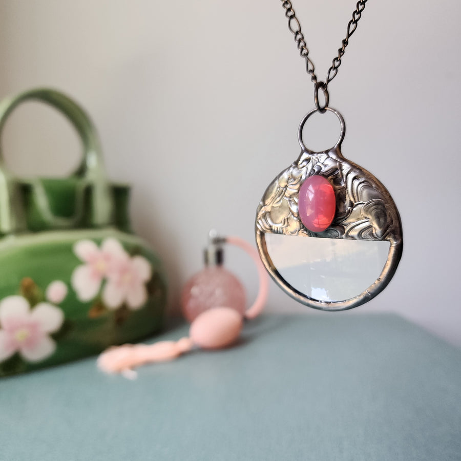 Magnifying Glass Pendant with Vintage Pink Glass Inset