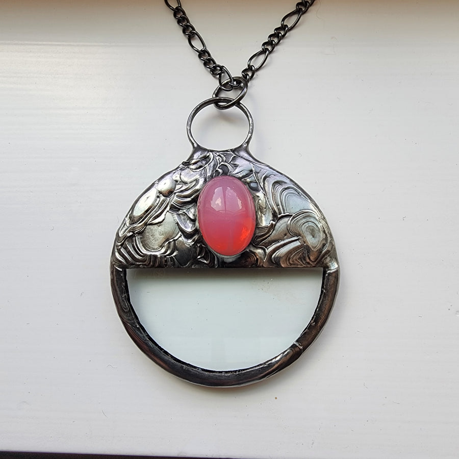 Magnifying Glass Pendant with Vintage Pink Glass Inset