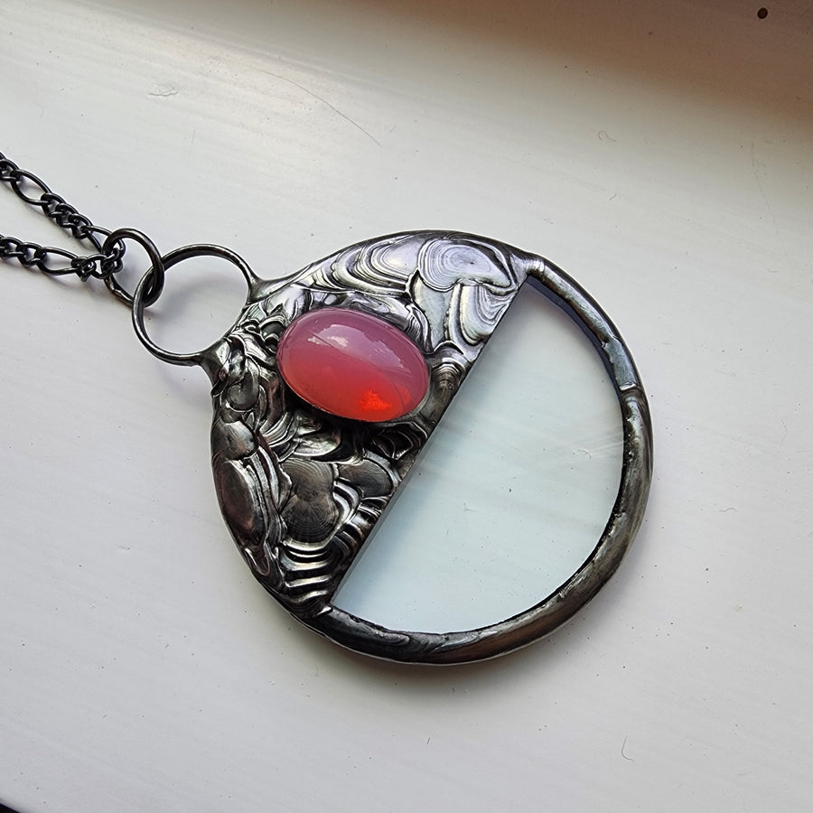 Magnifying Glass Pendant with Vintage Pink Glass Inset