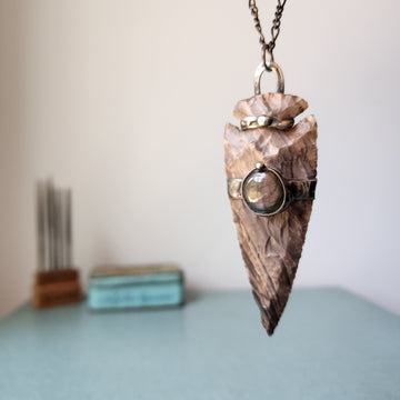 Extra Large Hand Knapped Arrowhead with Labradorite Inset - SOLD