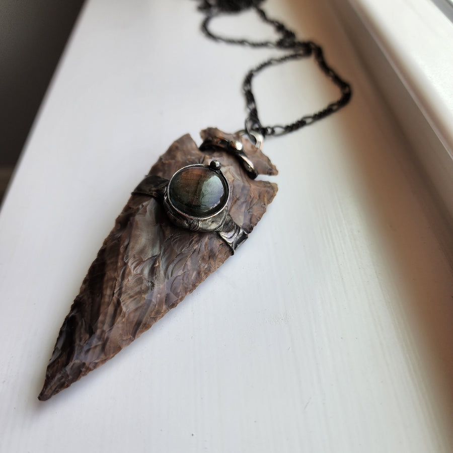 Extra Large Hand Knapped Arrowhead with Labradorite Inset - SOLD