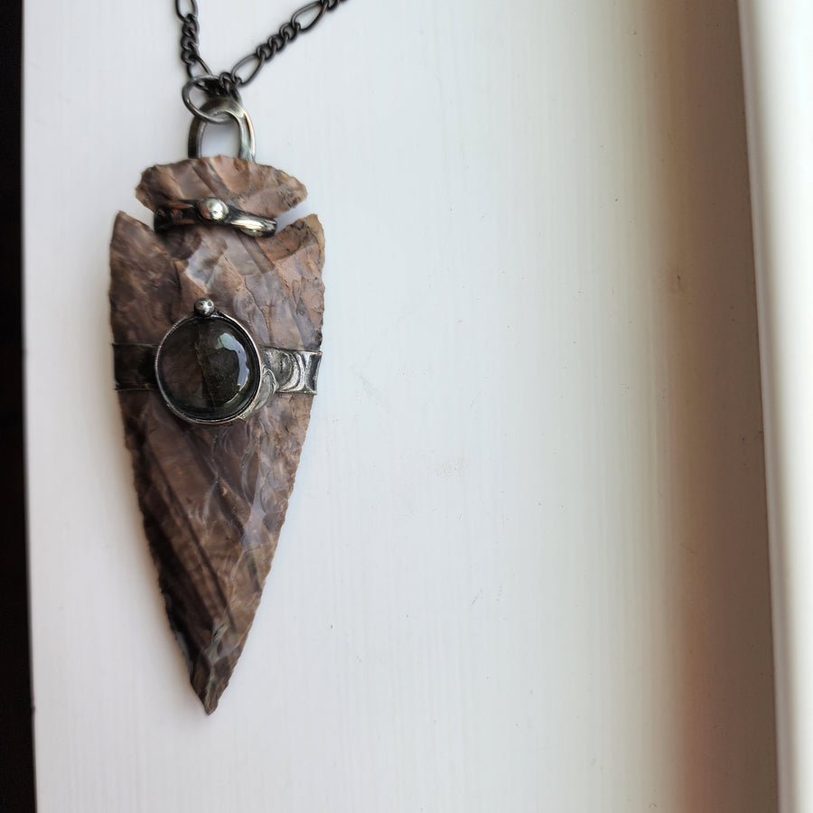 Extra Large Hand Knapped Arrowhead with Labradorite Inset - SOLD