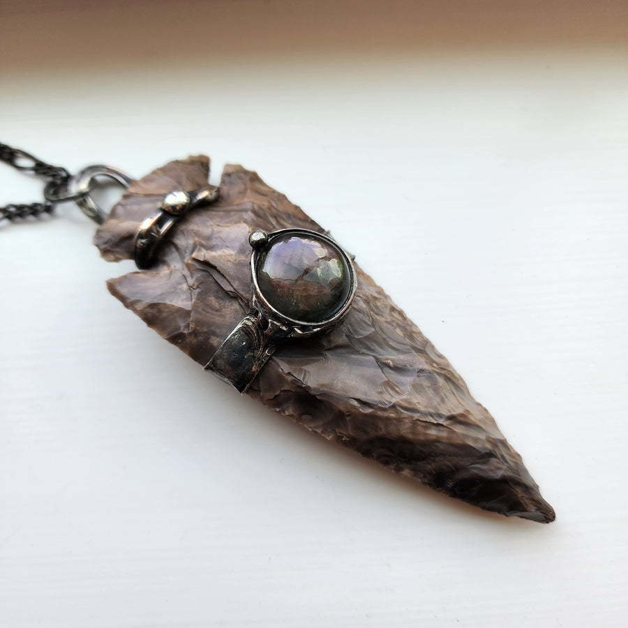 Extra Large Hand Knapped Arrowhead with Labradorite Inset - SOLD