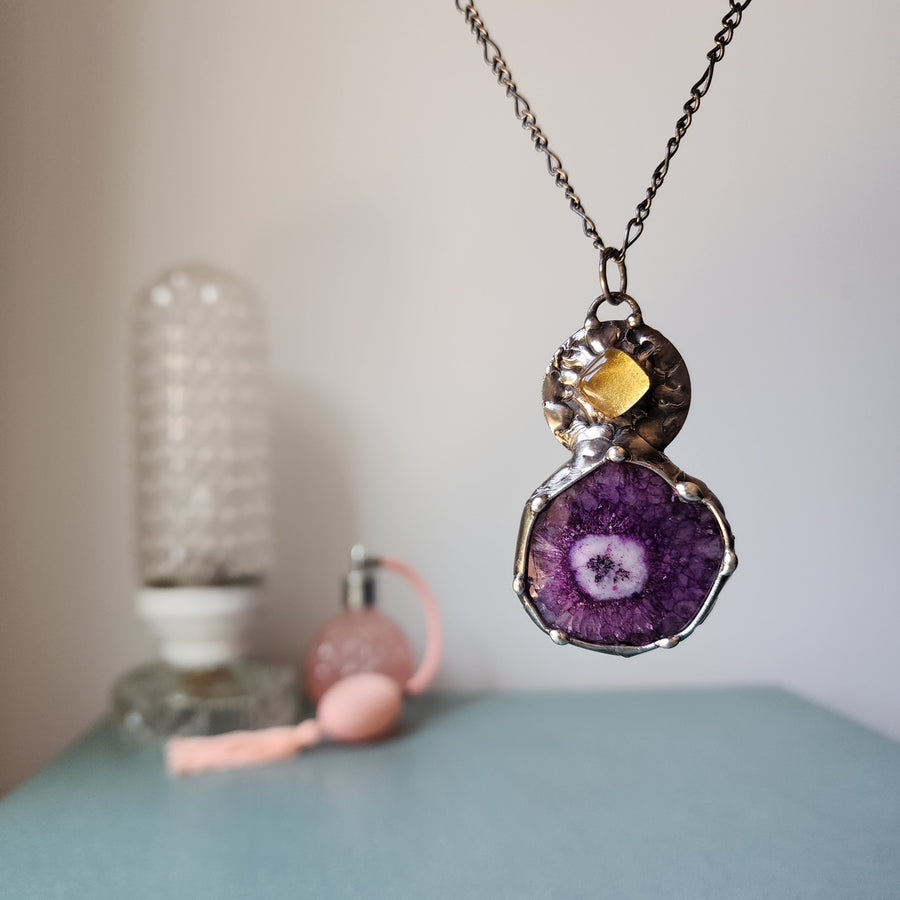 Purple Druzy with Gold Inset Pendant Necklace