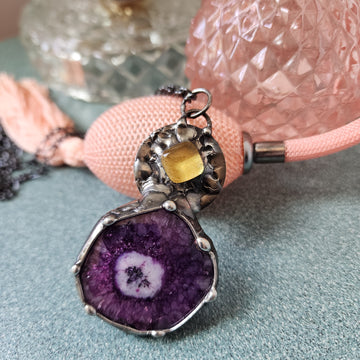 Purple Druzy with Gold Inset Pendant Necklace