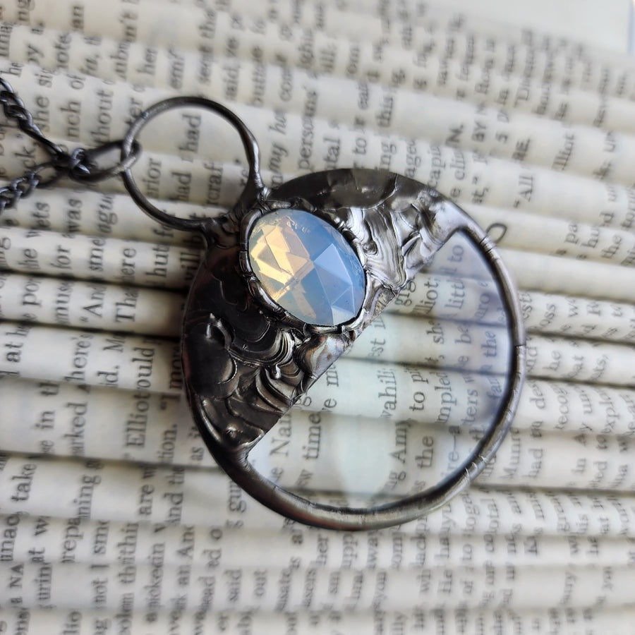 Magnifier Necklace with Faceted White Vintage Glass Inset