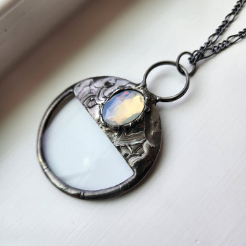 Magnifier Necklace with Faceted White Vintage Glass Inset