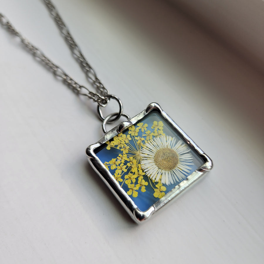 Real Flower on Stained Glass Necklace