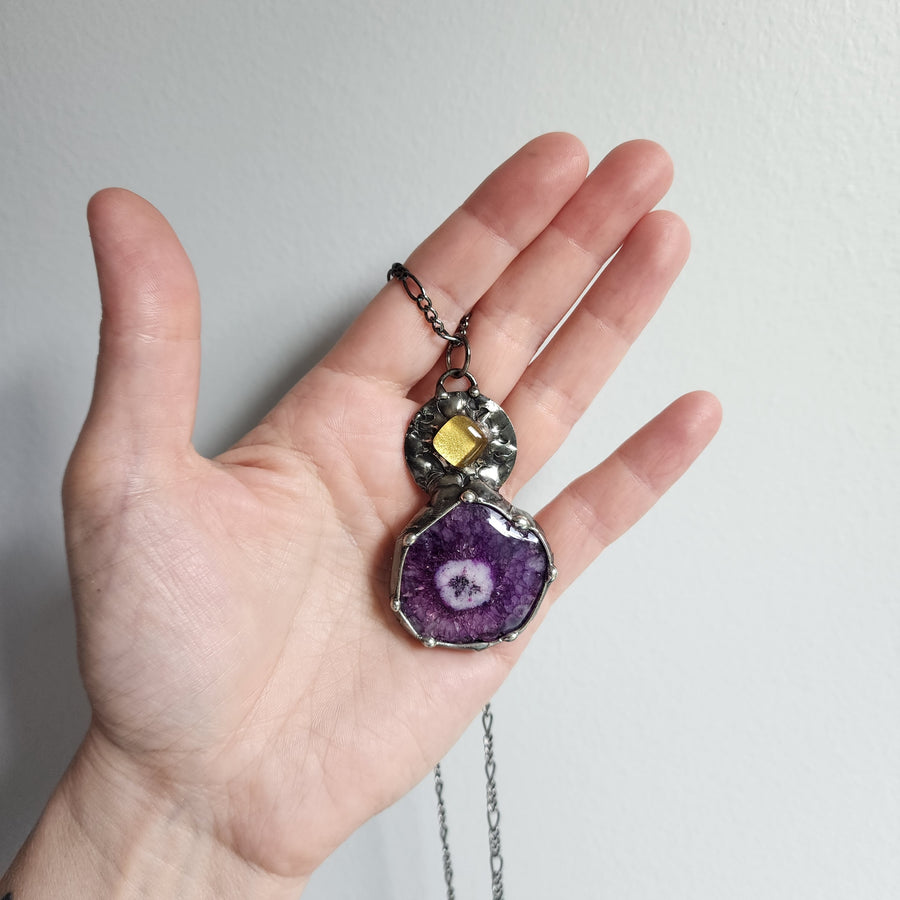 Purple Druzy with Gold Inset Pendant Necklace