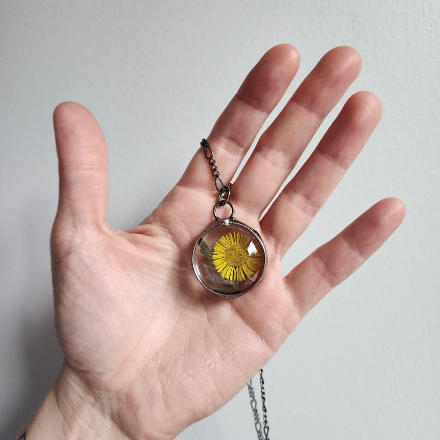 Yellow Aster with Fern Pendant Necklace