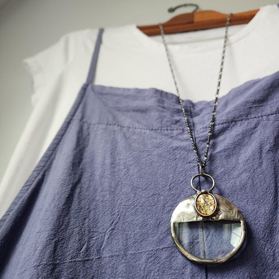 Magnifying Glass Necklace with Multicolored Glass Opal Inset