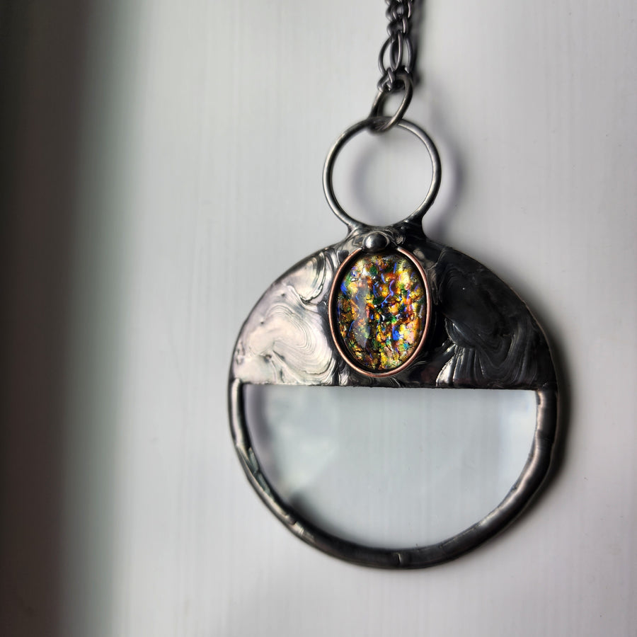 Magnifying Glass Necklace, Multicolored Glass Opal Inset