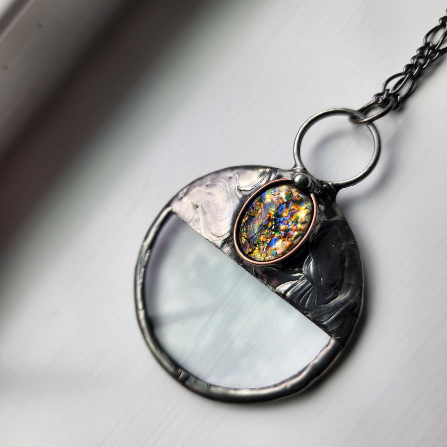 Magnifying Glass Necklace, Multicolored Glass Opal Inset