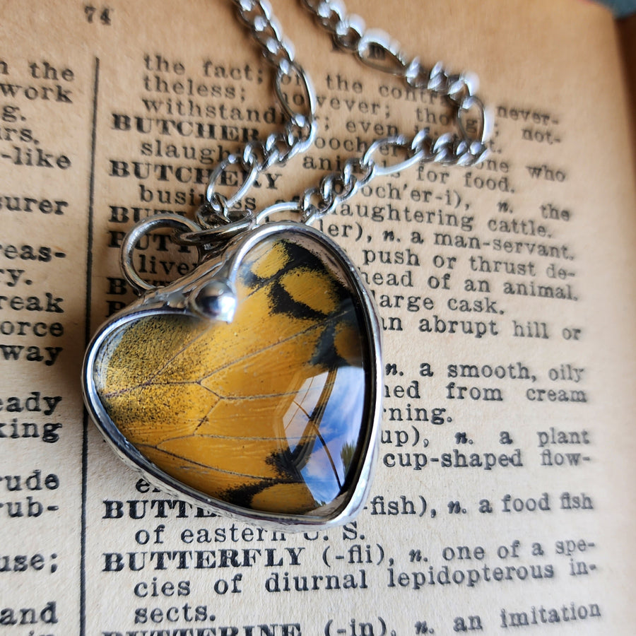 Real Butterfly Heart Necklace (Orange)