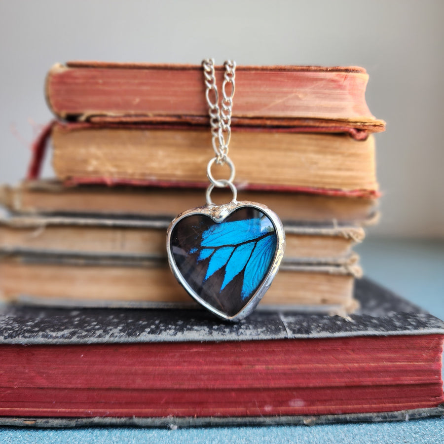 Real Butterfly Heart Pendant Necklace (Blue) - SOLD