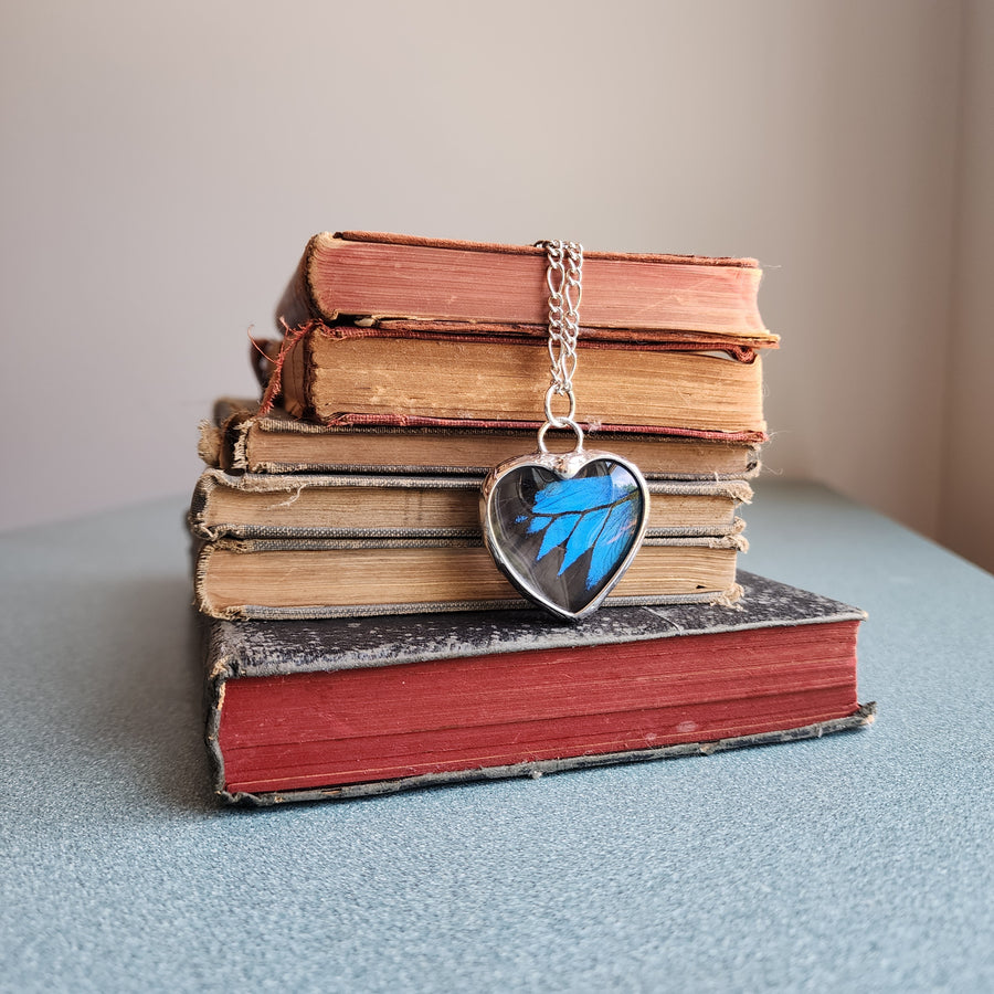 Real Butterfly Heart Pendant Necklace (Blue)