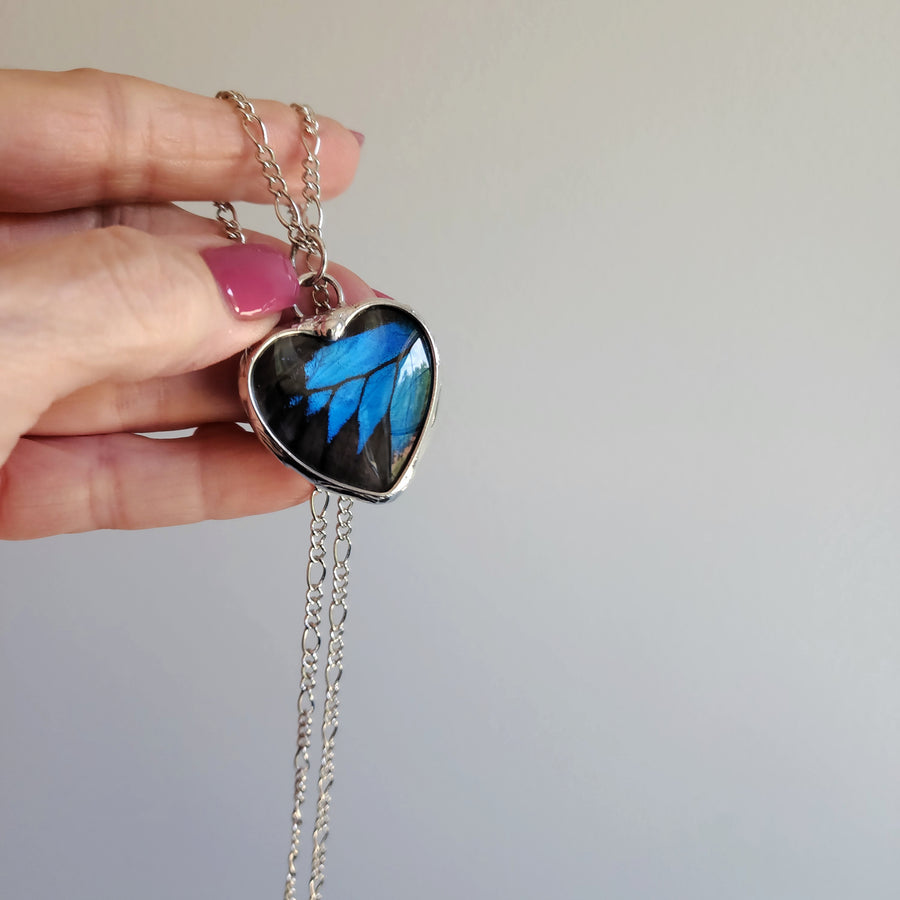 Real Butterfly Heart Pendant Necklace (Blue)