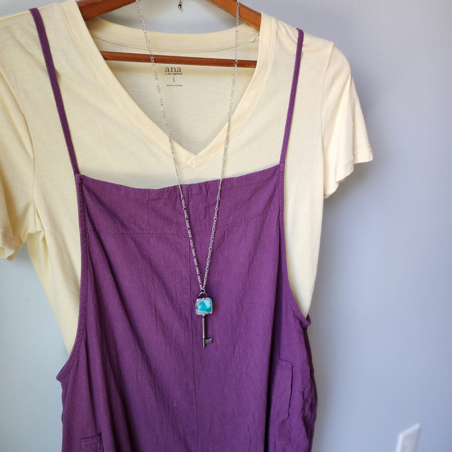 Crazy Lace Agate Skeleton Key Pendant Necklace - SOLD