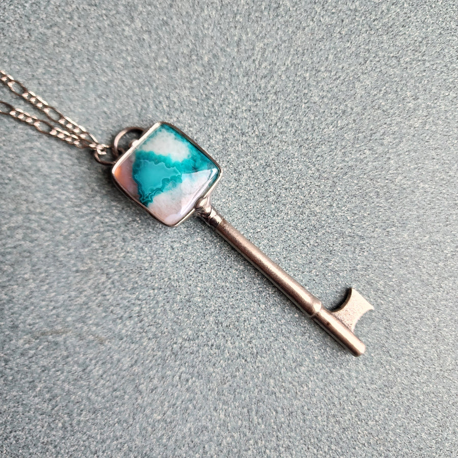 Crazy Lace Agate Skeleton Key Pendant Necklace - SOLD
