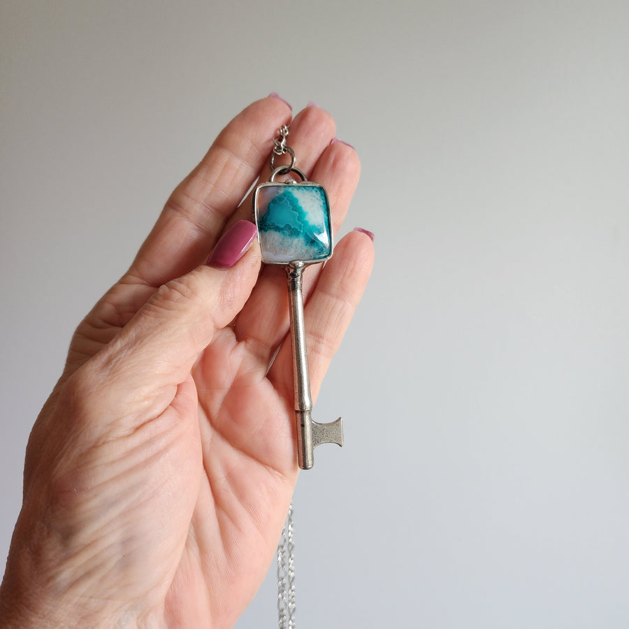 Crazy Lace Agate Skeleton Key Pendant Necklace - SOLD