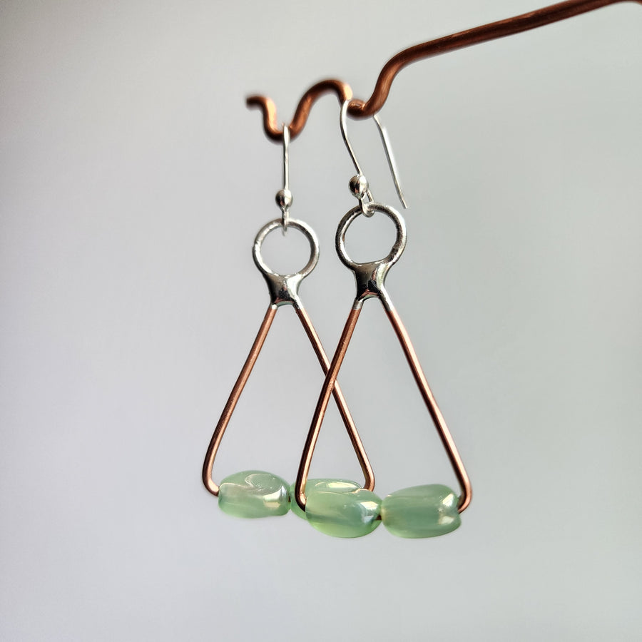 Triangle Earrings with Green Glass Beads