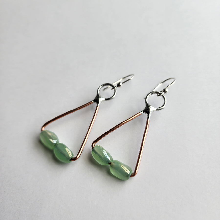 Triangle Earrings with Green Glass Beads