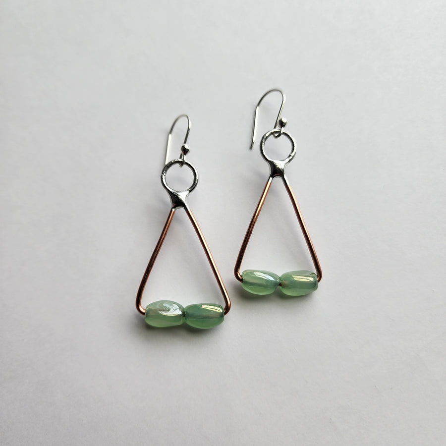 Triangle Earrings with Green Glass Beads