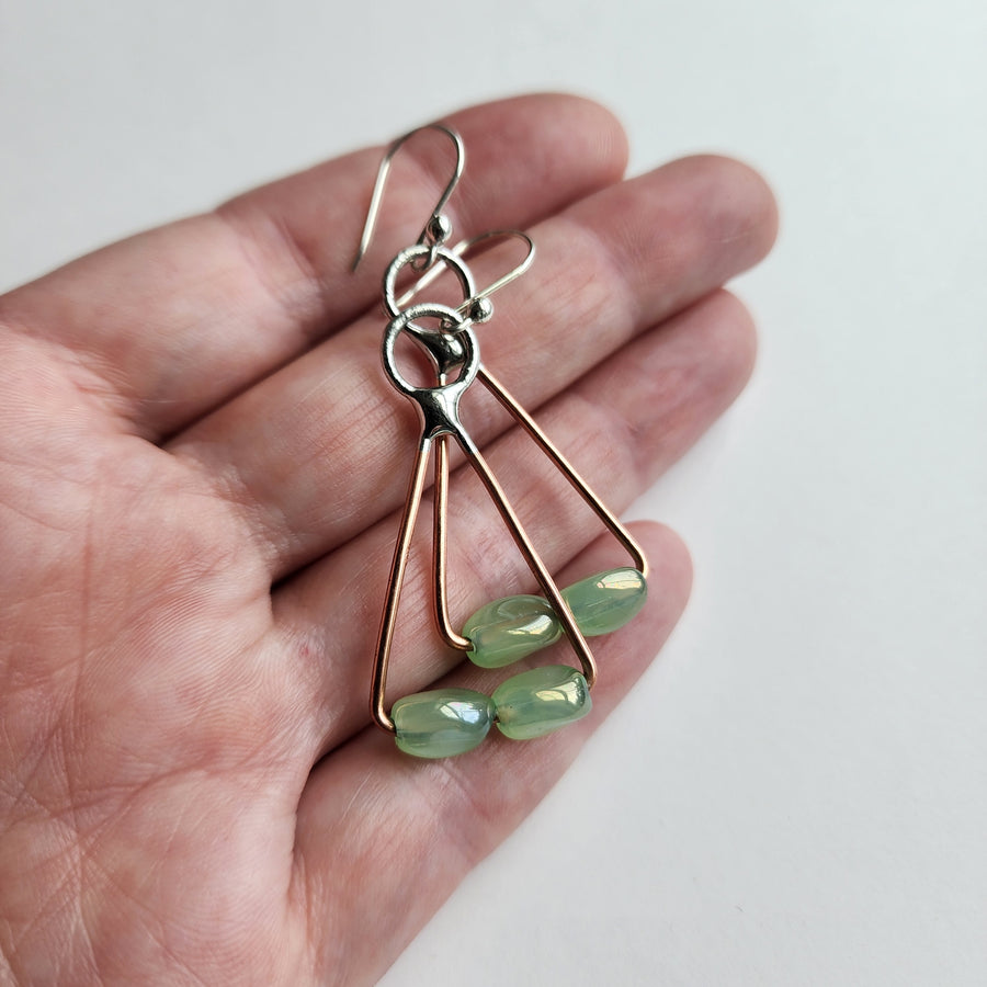 Triangle Earrings with Green Glass Beads