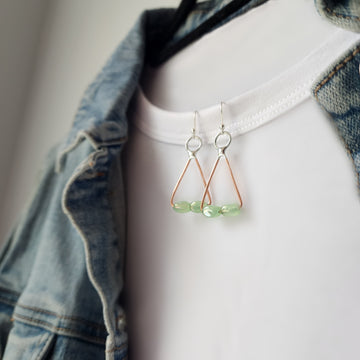 Triangle Earrings with Green Glass Beads