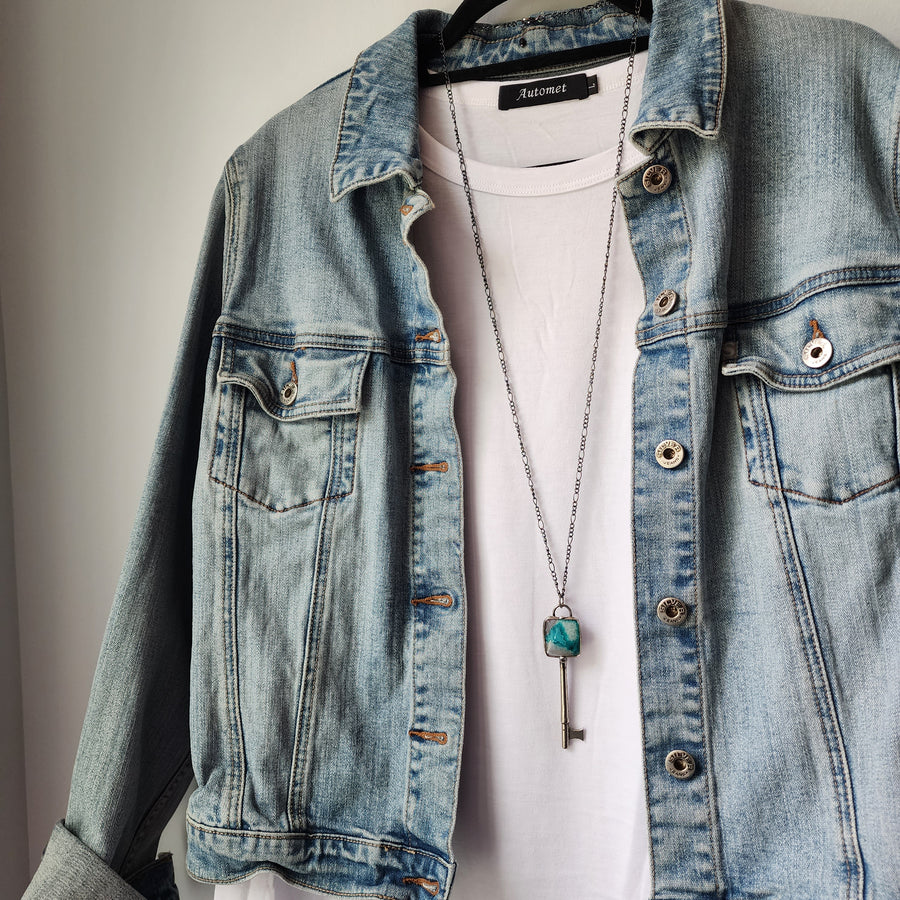 Crazy Lace Agate Skeleton Key Pendant Necklace - SOLD