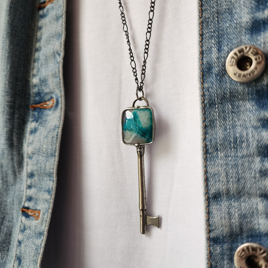 Crazy Lace Agate Skeleton Key Pendant Necklace - SOLD