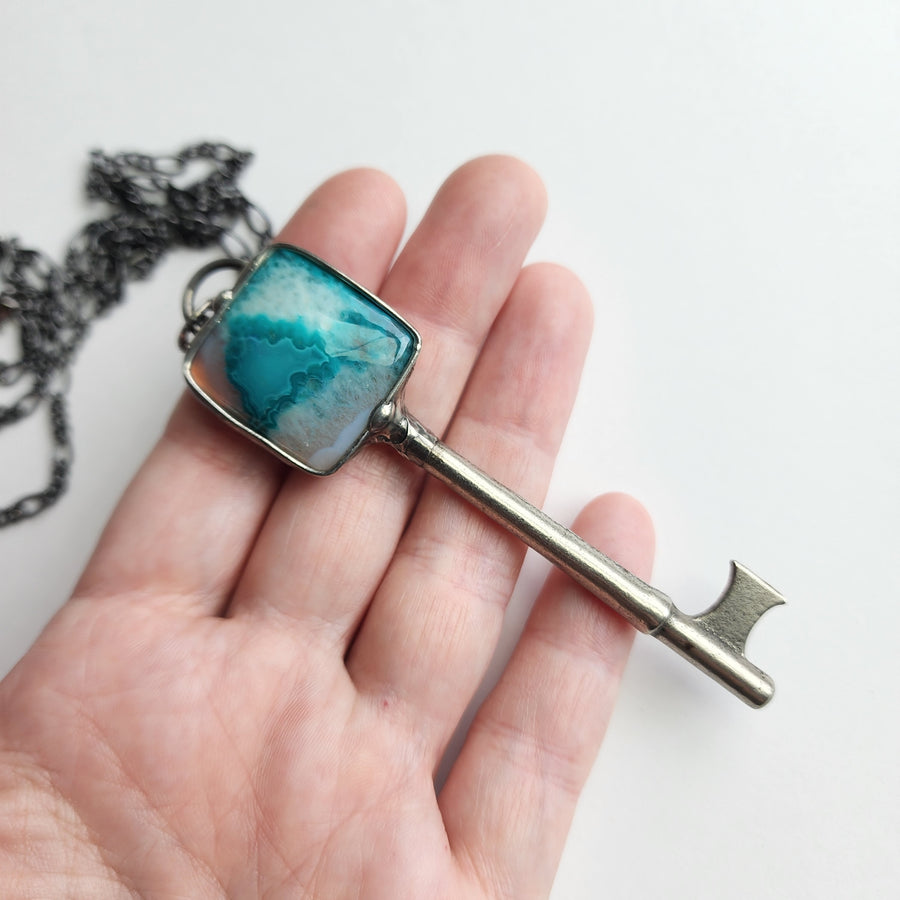 Crazy Lace Agate Skeleton Key Pendant Necklace - SOLD