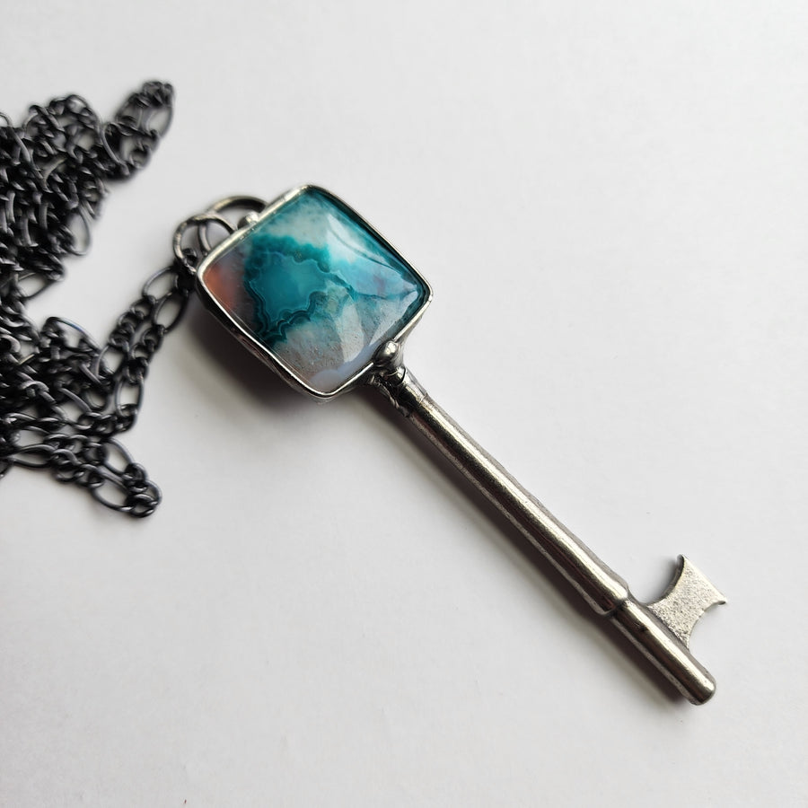 Crazy Lace Agate Skeleton Key Pendant Necklace - SOLD