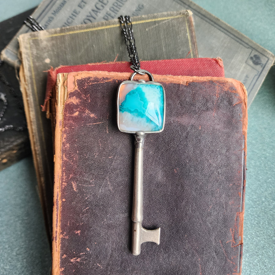 Crazy Lace Agate Skeleton Key Pendant Necklace - SOLD