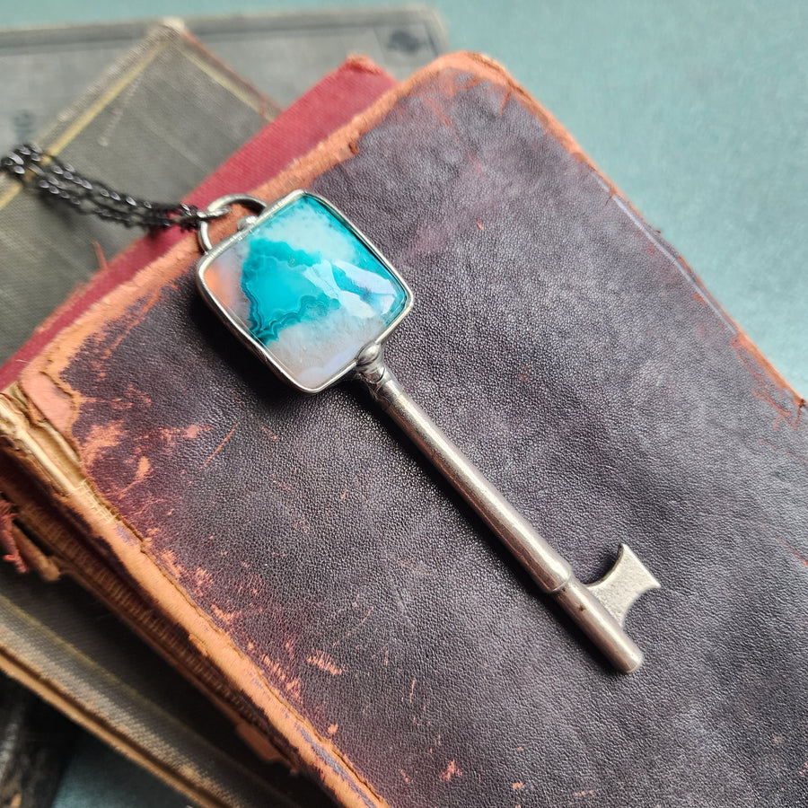 Crazy Lace Agate Skeleton Key Pendant Necklace - SOLD