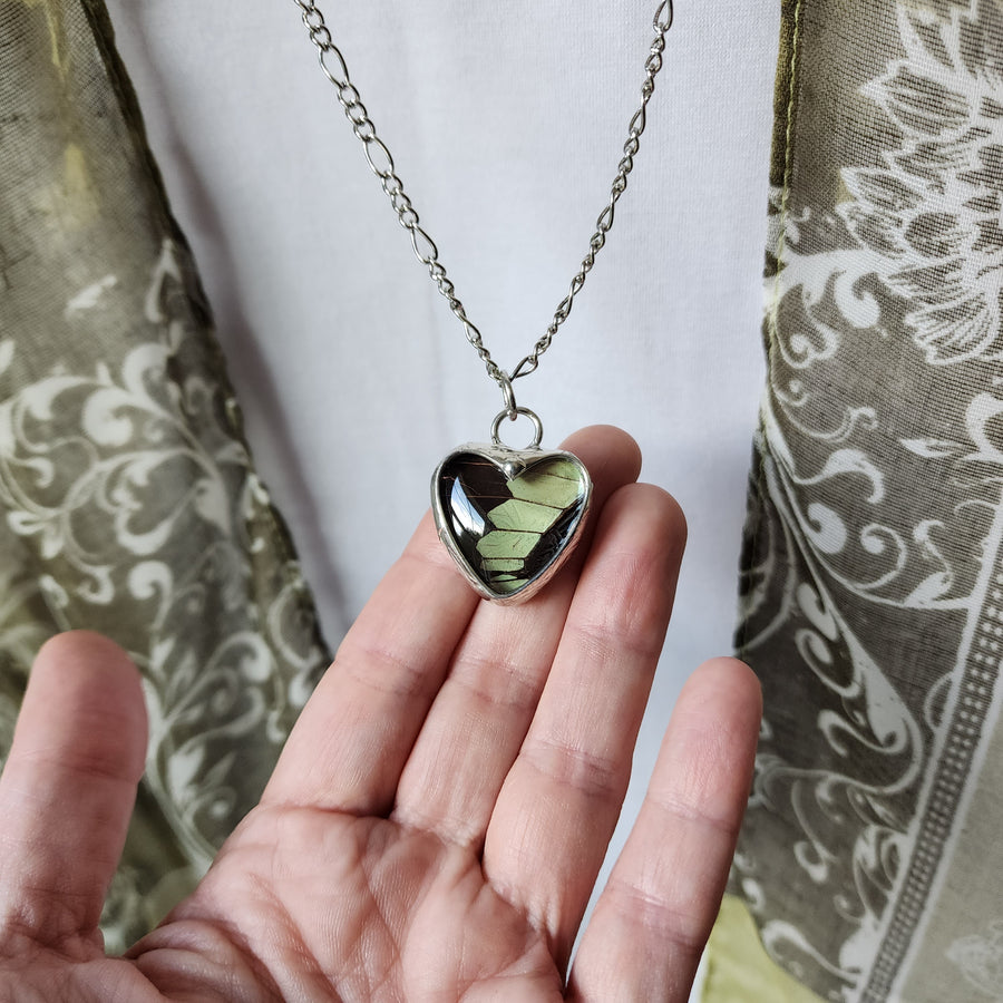 Real Butterfly Heart Pendant (Green)