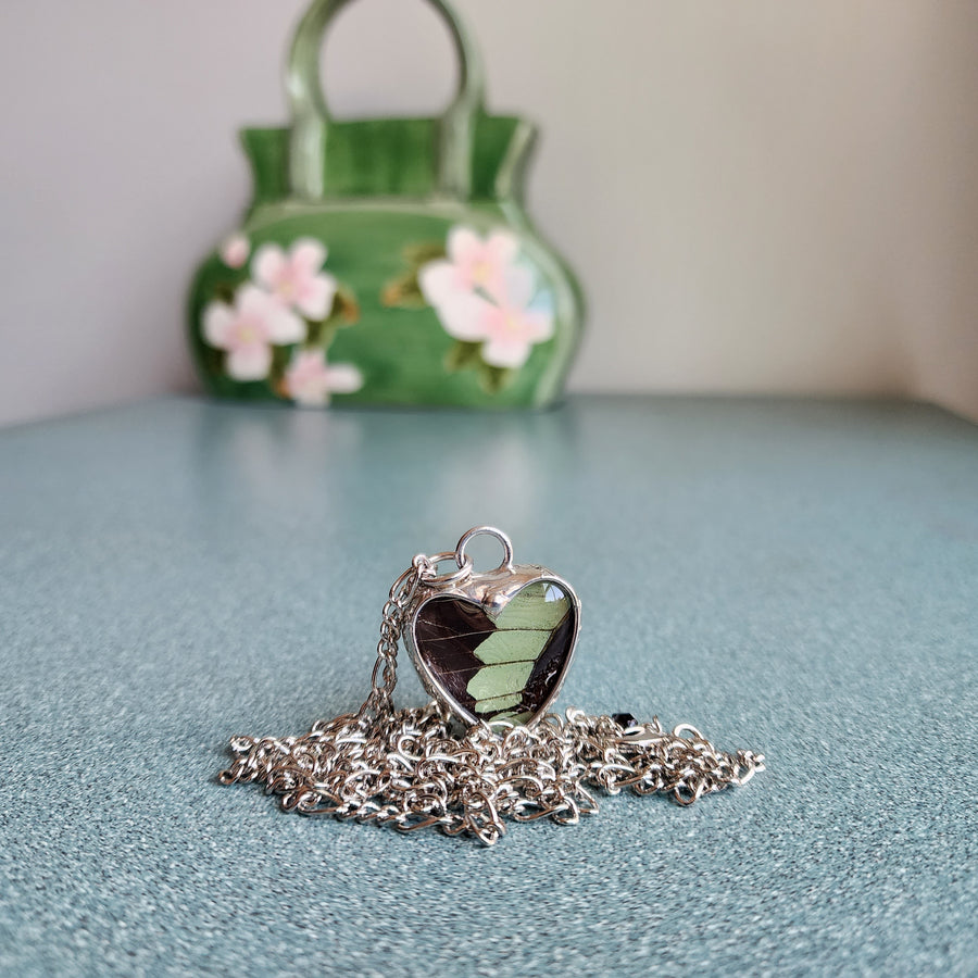 Real Butterfly Heart Pendant (Green) - SOLD