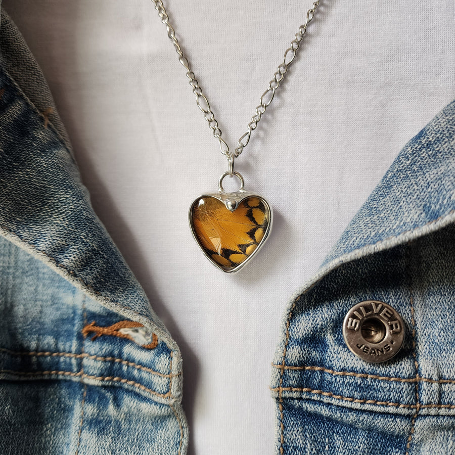 Real Butterfly Heart Necklace (Orange)