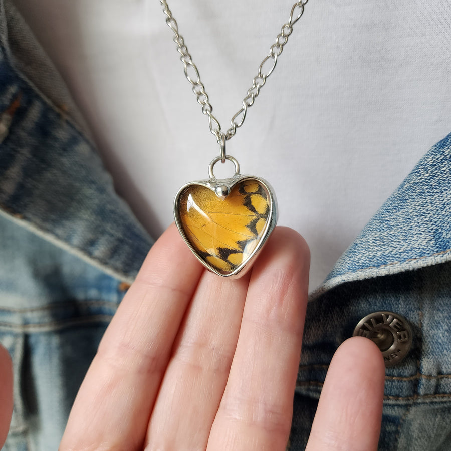 Real Butterfly Heart Necklace (Orange)