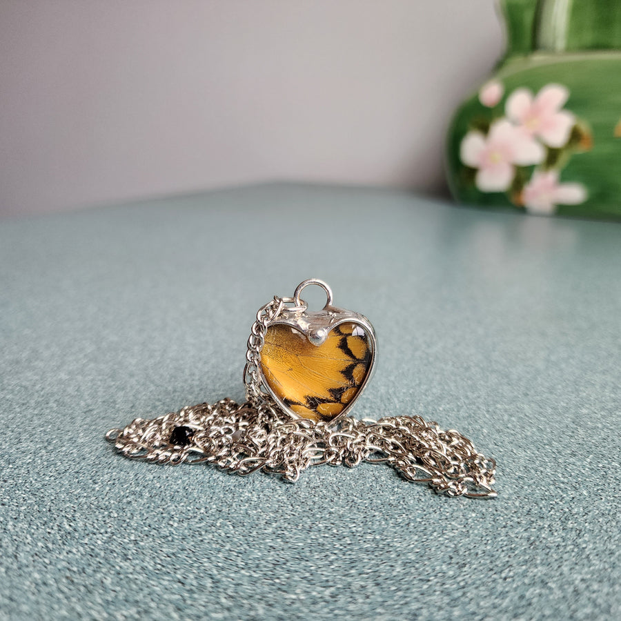 Real Butterfly Heart Necklace (Orange)