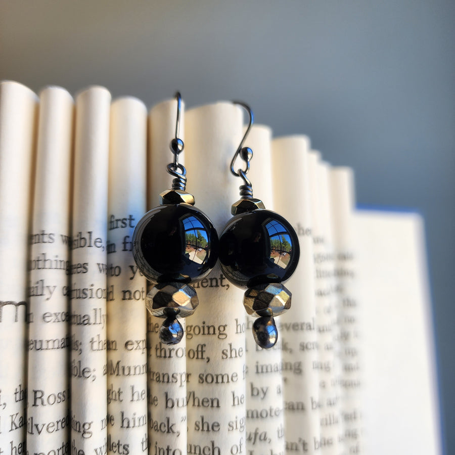 Black Glass with Faceted Pyrite Bead Earrings