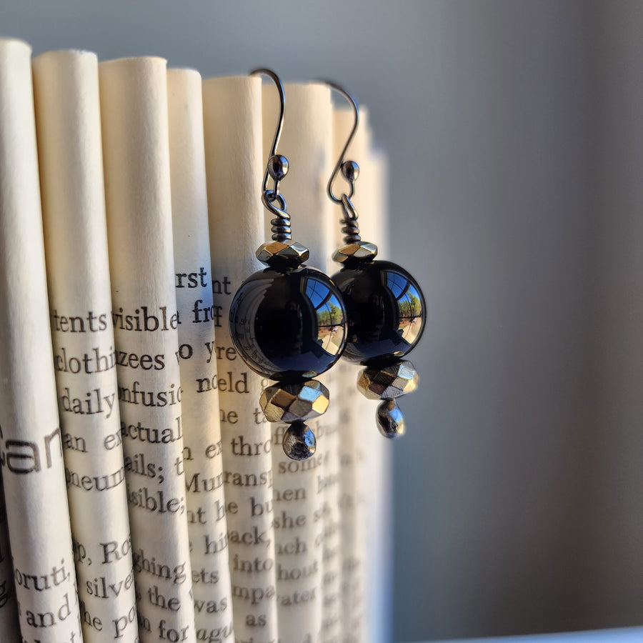 Black Glass with Faceted Pyrite Bead Earrings
