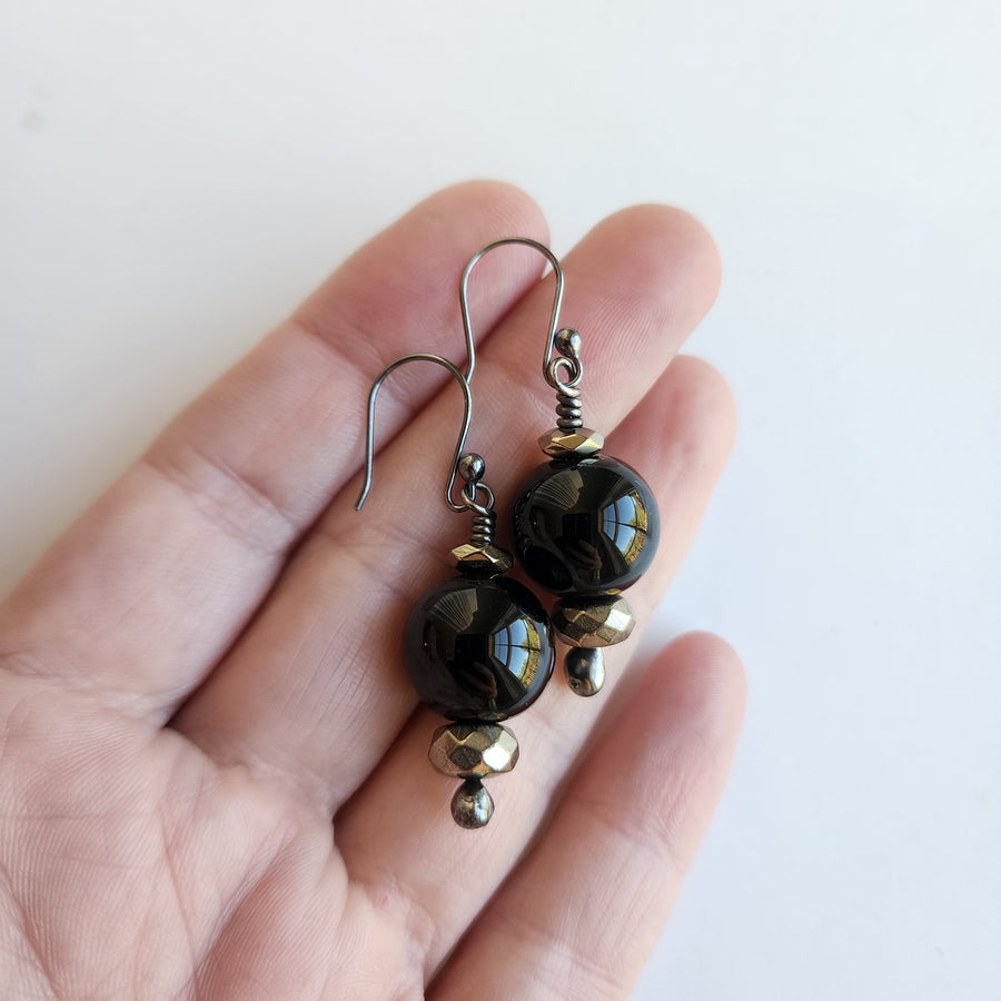 Black Glass with Faceted Pyrite Bead Earrings