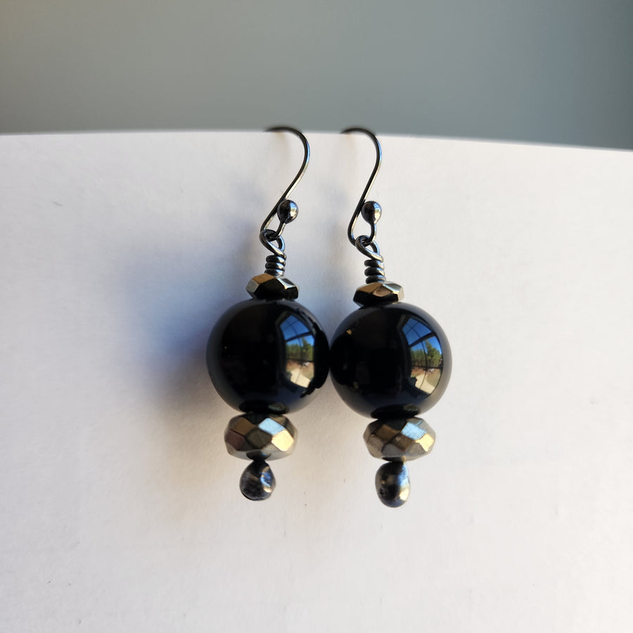 Black Glass with Faceted Pyrite Bead Earrings