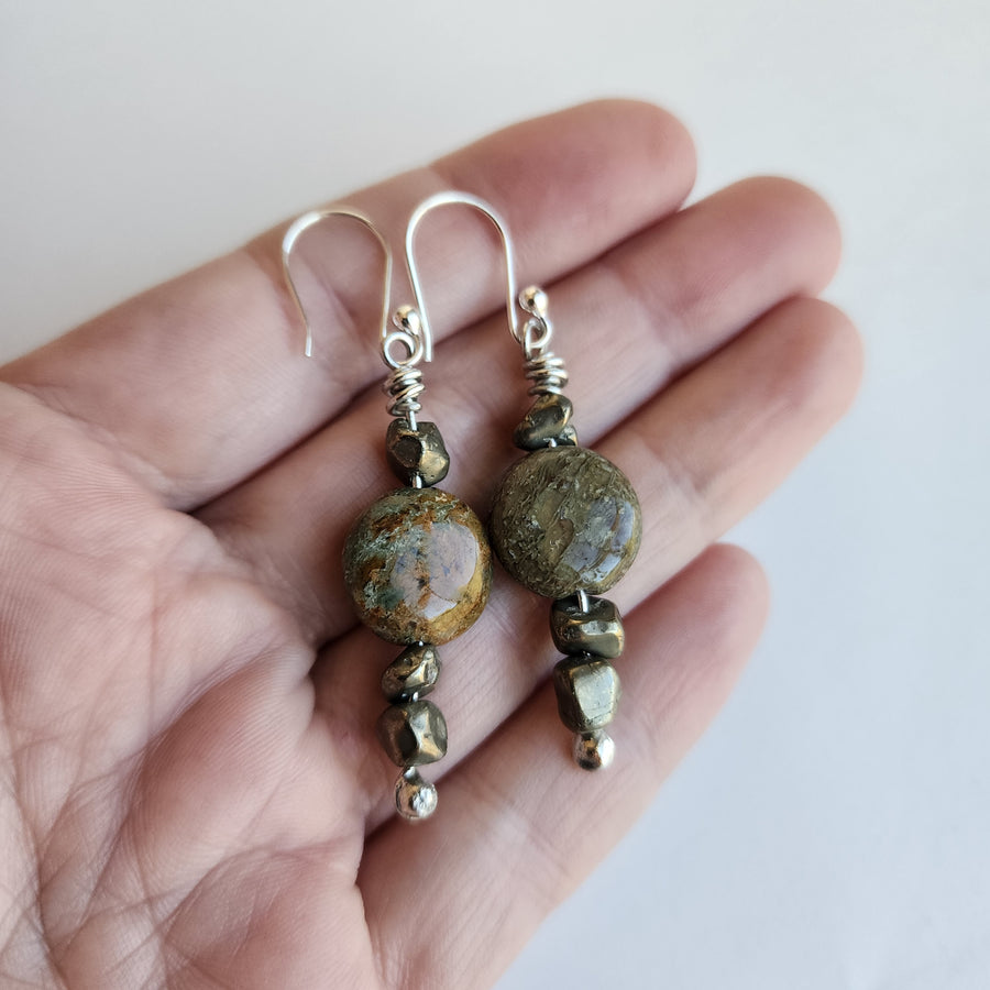 Boho Earrings Jasper & Pyrite Nuggets