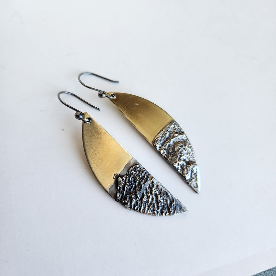 Mixed Metal Earrings, Long Brass Half Moon