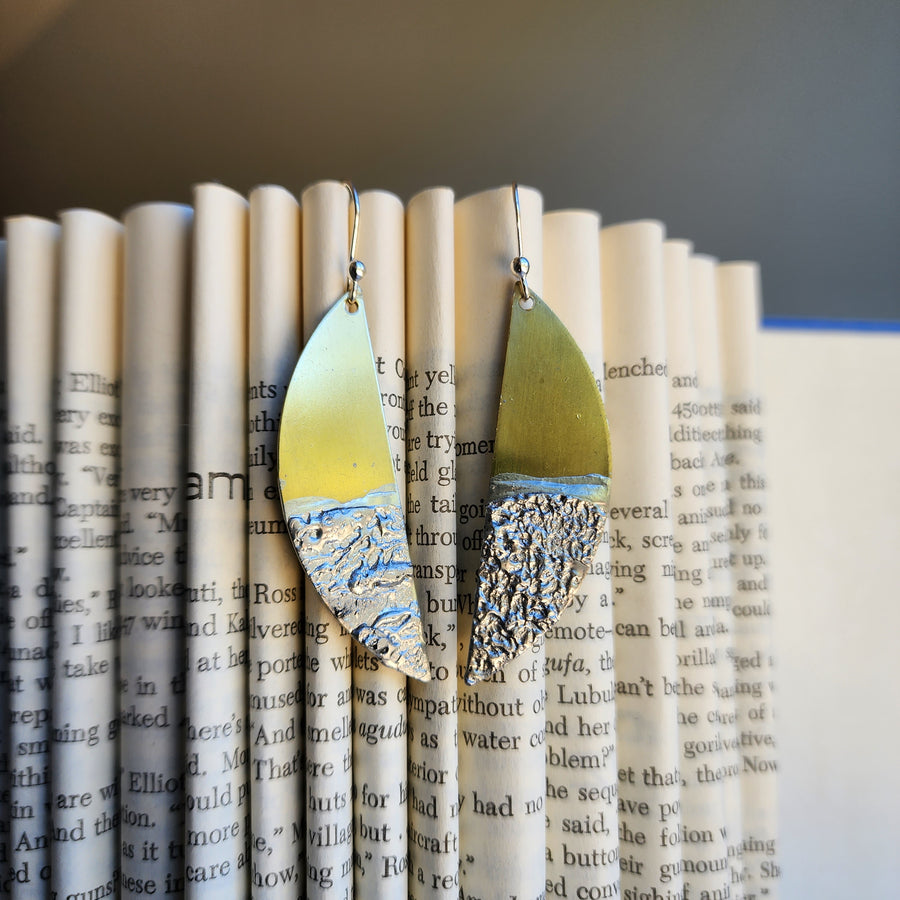 Mixed Metal Earrings, Long Brass Half Moon