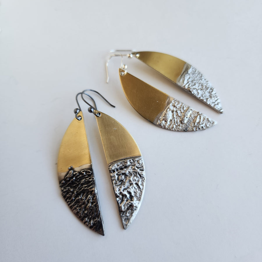 Mixed Metal Earrings, Long Brass Half Moon