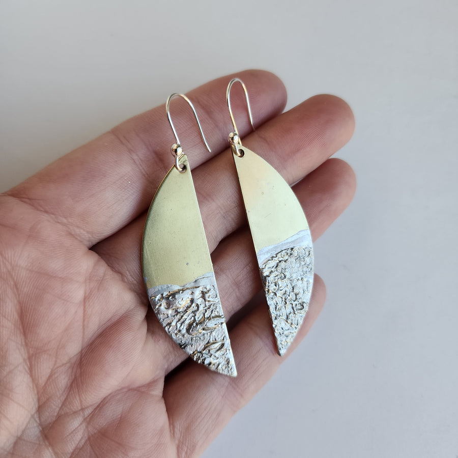 Mixed Metal Earrings, Long Brass Half Moon